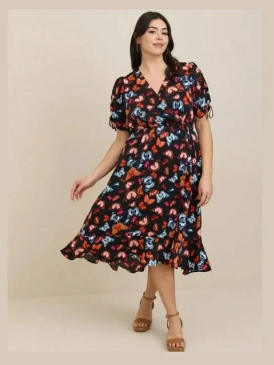 NWT Torrid Black Midi Brushed Charmeuse Butterfly Wrap Dress Sz 2X - Picture 1 of 16